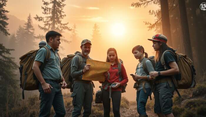 Diverse first-time explorers at a misty forest edge, consulting a map and compass, wearing backpacks and safety gear under golden dawn.