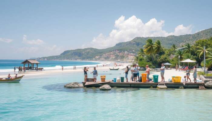 Tourists sorting waste into eco-bins, observing wildlife from a distance, and using renewable energy amidst pristine coastal beaches and clear blue waters.