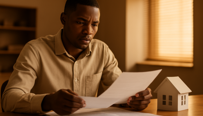 Diligent South African applicant reviewing payslips and contracts for a home loan at a bank.