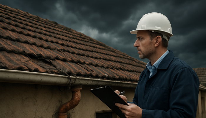Professional inspector reviews a cracked roof and exposed wires on an old home in Springs under a stormy sky.