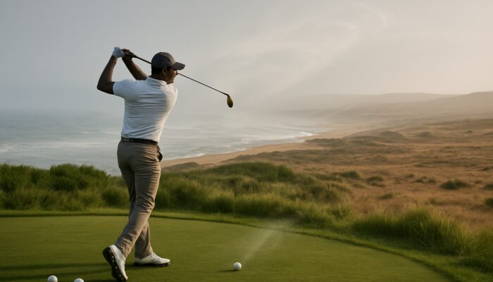 South African golfer selecting low-compression balls on misty Durban coast with Karoo plains in the background and ball soaring in the wind