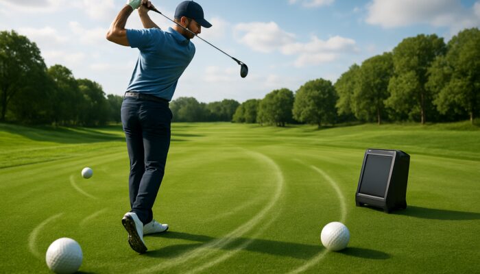 Concentrated golfer mid-swing on a lush course with a launch monitor displaying swing speed and rolling golf balls