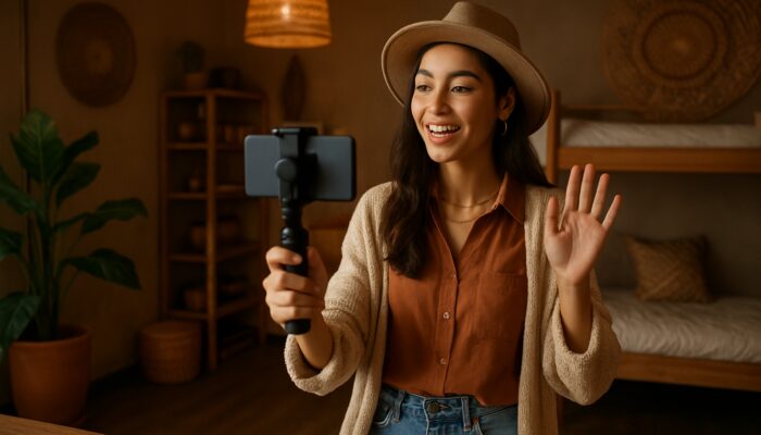 Micro-influencer filming local decor in a boutique hostel using a smartphone