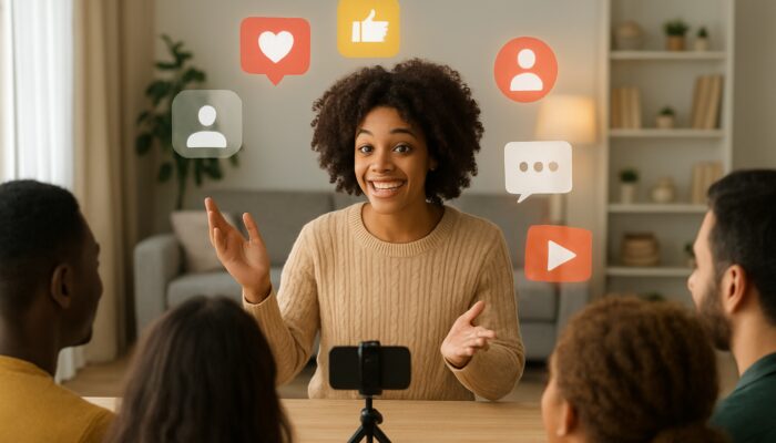 Micro-influencer engaging a diverse audience in a welcoming home with glowing social notifications and hosting content