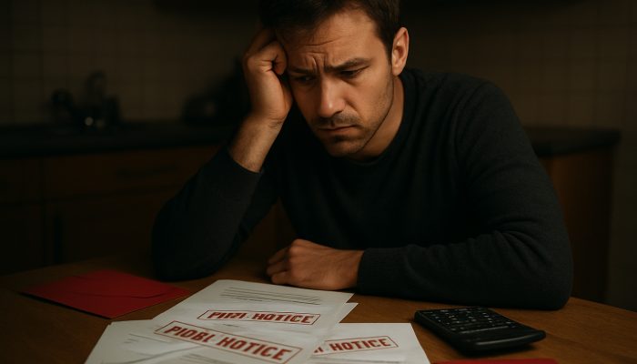 Signs Support Is Harming Your Finances: Identify The Risks | DCL Concerned individual at dimly lit table with overdue gas, electricity and water bills marked final notice