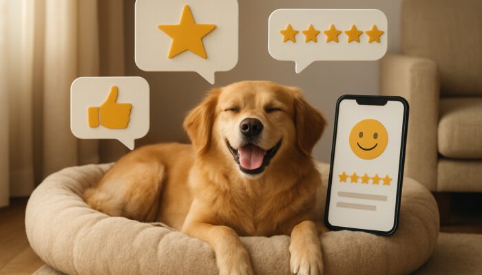 Happy dog lounging on plush pet bed surrounded by floating reviews, star ratings, and smartphone feedback.