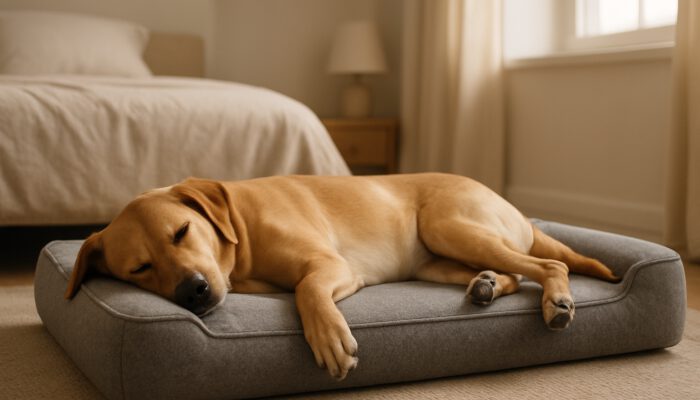 Serene dog resting on supportive high-density foam pet bed in a cosy bedroom.