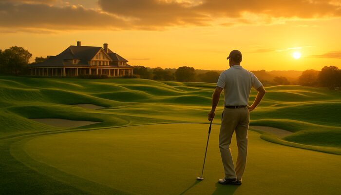 Luxurious golf resort showcasing emerald fairways, an elegant clubhouse, and a golfer at sunset