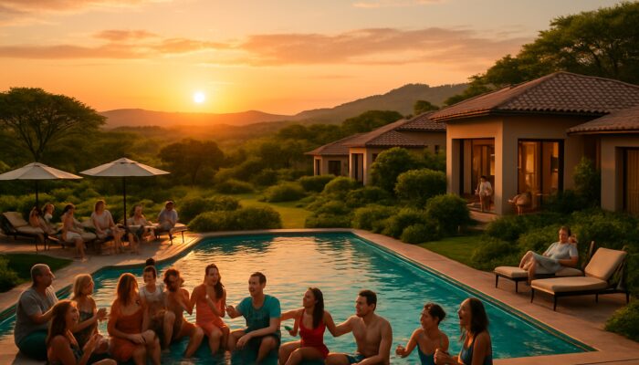Vibrant Gauteng resort at sunset with groups laughing by the pool and exclusive villa parties.