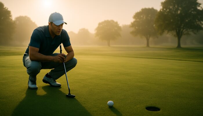 Focused golfer in polo shirt lining up putt on misty sunlit golf green
