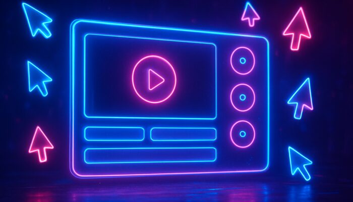 Neon cyberpunk interactive video screen featuring clickable choice buttons, hotspots, and floating cursors.