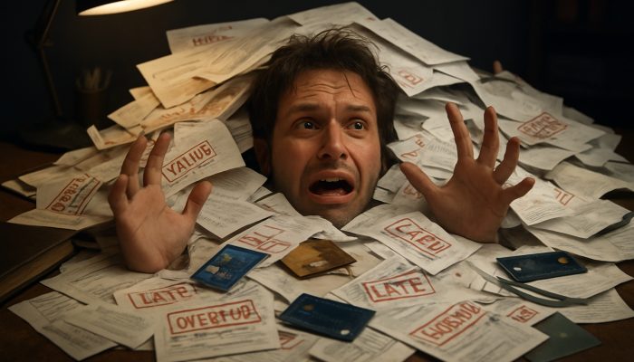 Individual overwhelmed by a chaotic pile of overdue bills and loan documents on a cluttered desk