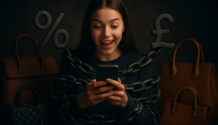Young shopper in the UK using BNPL on a phone with luxury bags as debt chains tighten.