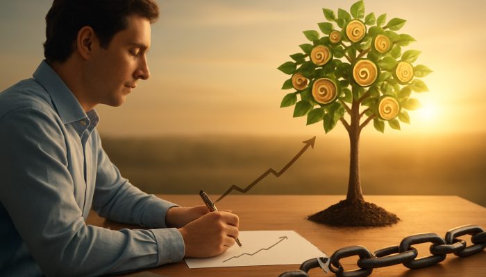 Planning Life After Monthly Debt Bills End: New Beginnings | DCL Person charting income into savings tree, breaking debt chains toward financial freedom.
